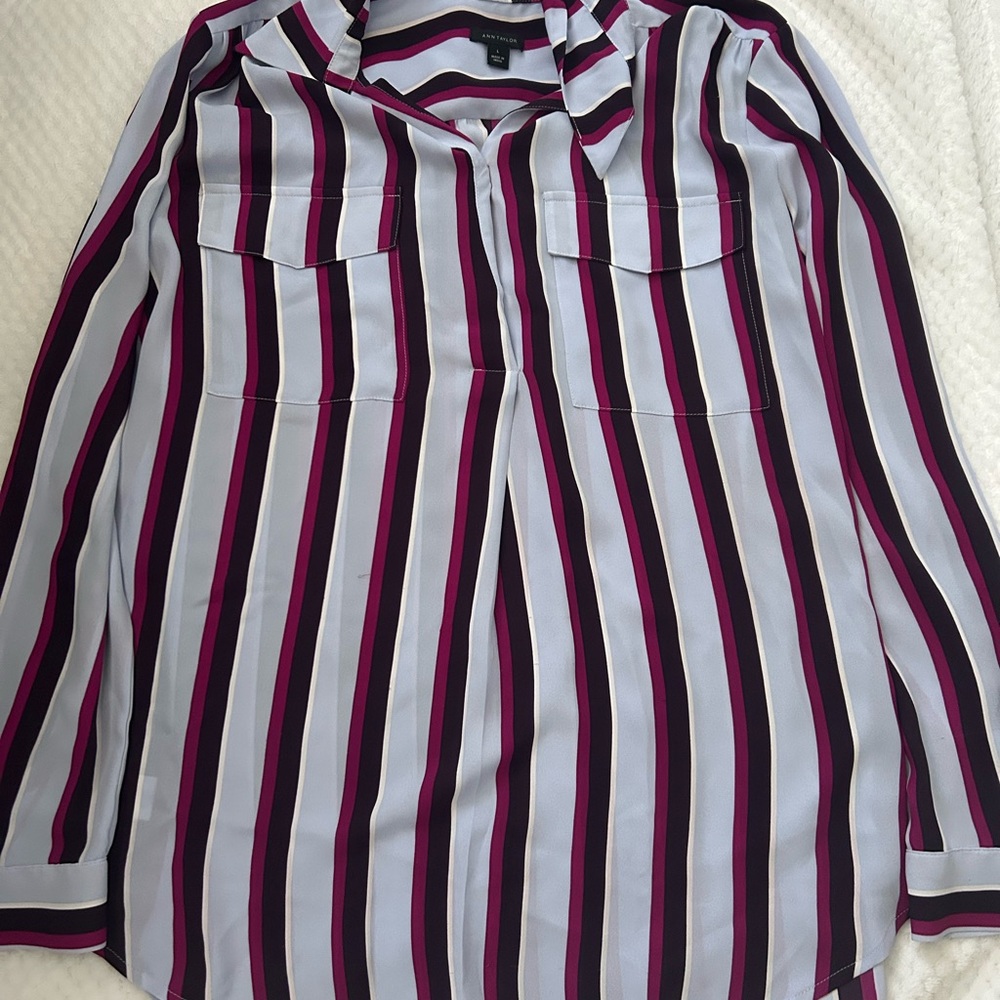 Ann Taylor Black, White, and Purple Striped Blouse